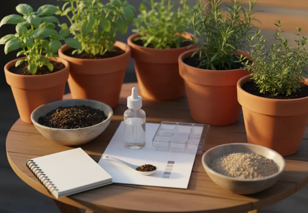 Home soil pH test kit arranged beside herb pots on a balcony table.