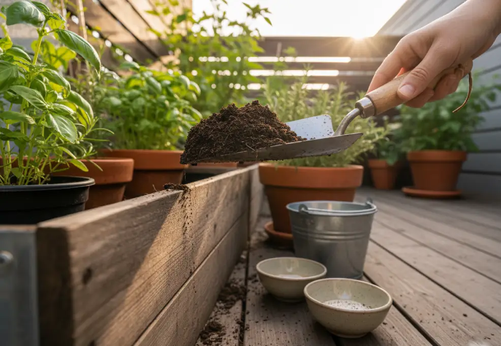 Trowel taking a soil sample from a planter box on a balcony.