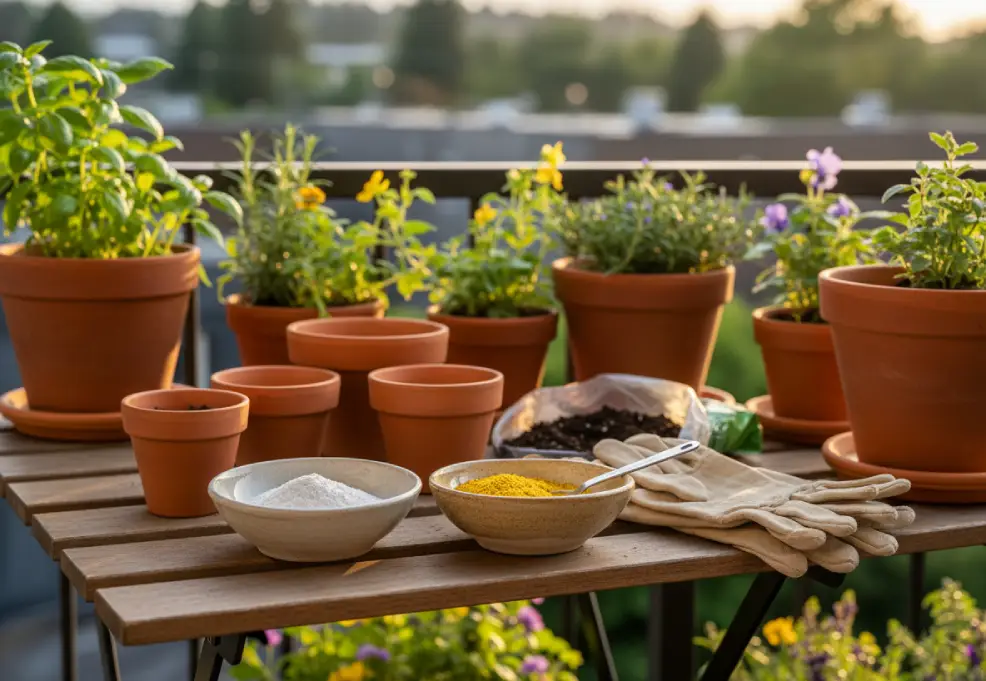 Garden lime and sulfur measured on a balcony table beside terracotta containers.