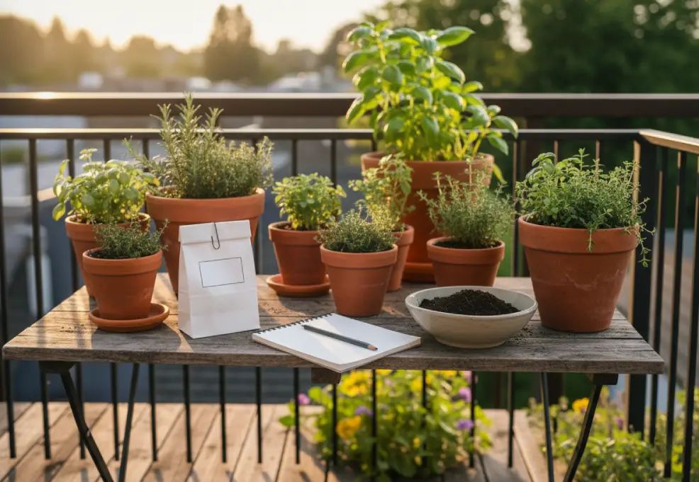 Labeled soil sample bag and notebook prepared for a lab soil test on a balcony table.