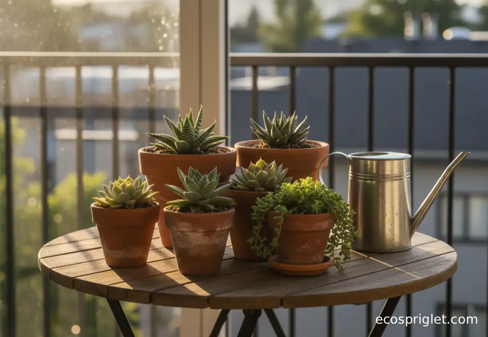 Small terracotta succulent pots on a sunny apartment windowsill with dry potting mix and a metal watering can nearby.