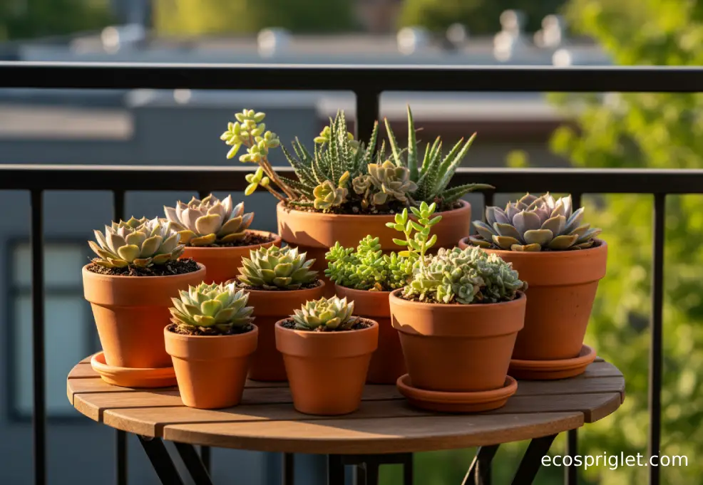 Assorted succulents in terracotta pots of different sizes with bright sunlight hitting one side of the display.