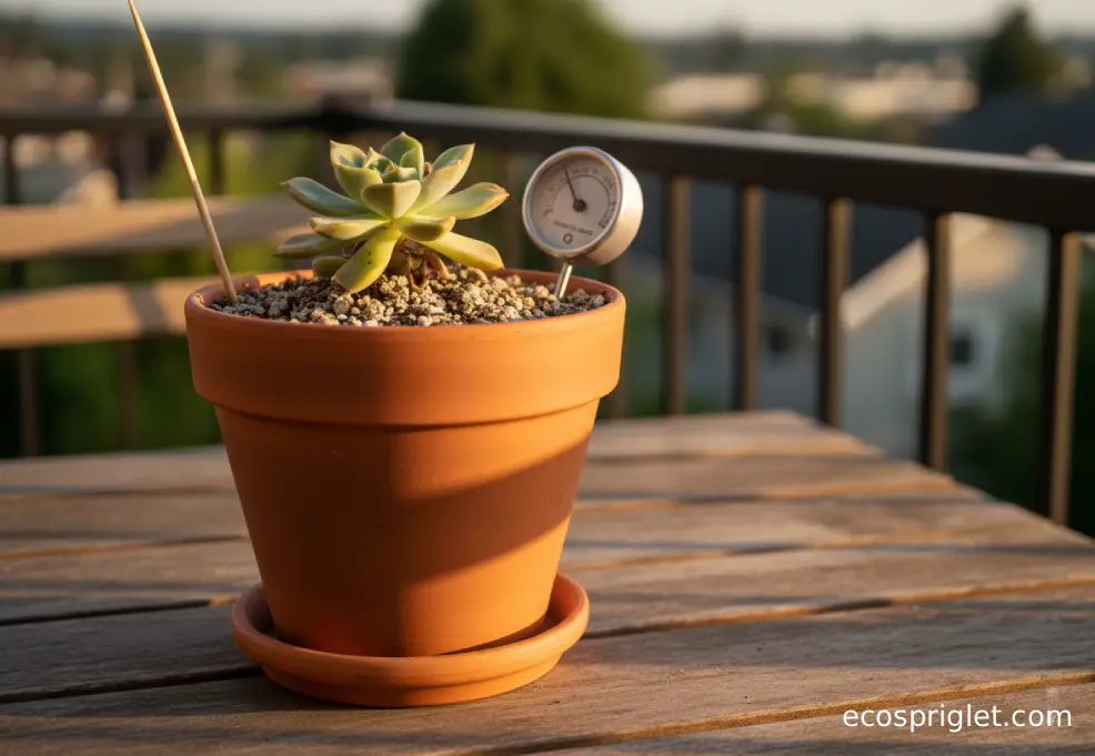 Close view of a hand checking dry succulent soil in a terracotta pot with a bamboo skewer and moisture meter on the table.