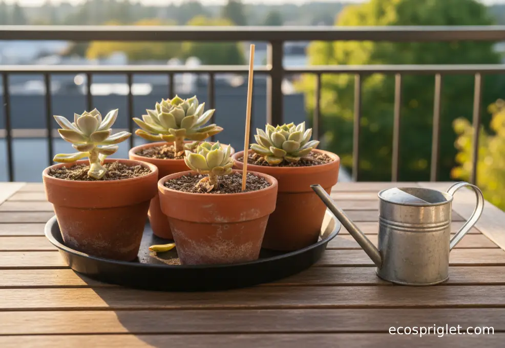 Four succulent pots on a terrace table in changing light conditions, showing a seasonal indoor watering rhythm.