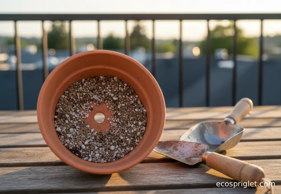 Terracotta succulent pot with gritty mix, perlite, and a drainage hole visible beside small gardening tools.