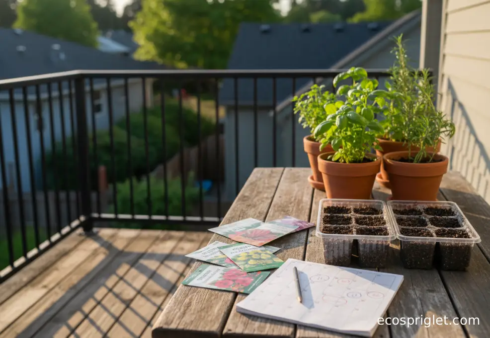 Seed packets, calendar, and seed trays on a small balcony table for planning indoor sowing dates.