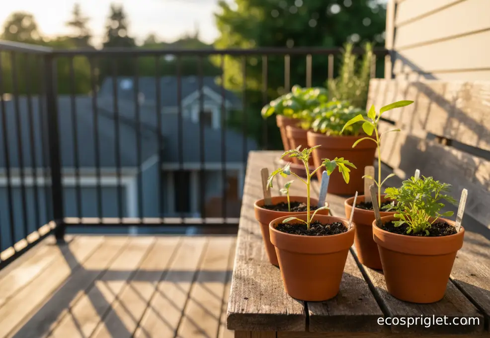 Tomato, cucumber, sunflower, and marigold seedlings in small pots on a balcony bench.