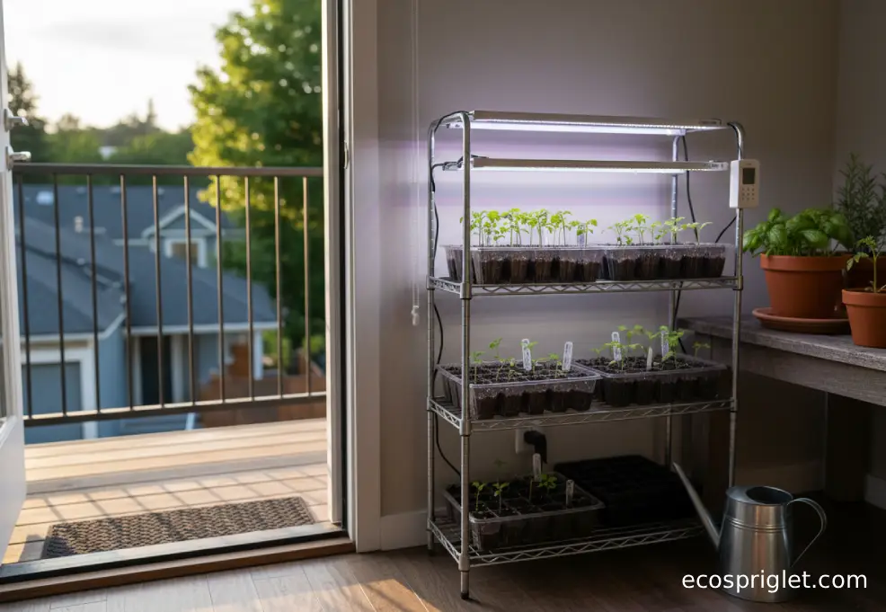 Seedlings under grow lights on a small shelf with trays, timer, and heat mat near a balcony door.