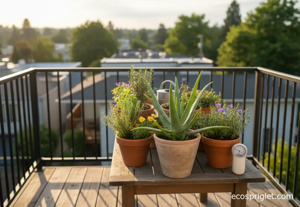 A healthy aloe vera rosette in a terracotta pot on a sunny apartment terrace table with a moisture meter nearby in golden-hour light.