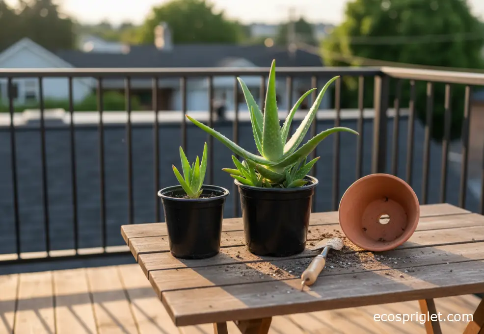 Two aloe vera plants at different sizes in nursery pots on a wooden terrace table with terracotta pots and a hand trowel nearby.