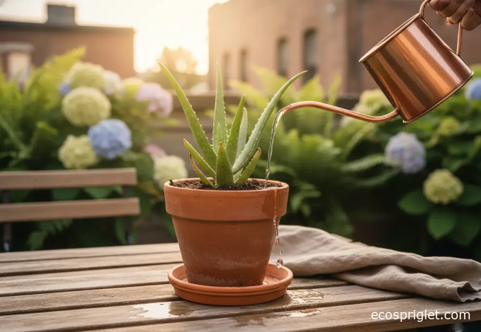 Water being poured into an aloe vera pot until it drains from the bottom on a terrace table, with a saucer nearby being emptied.