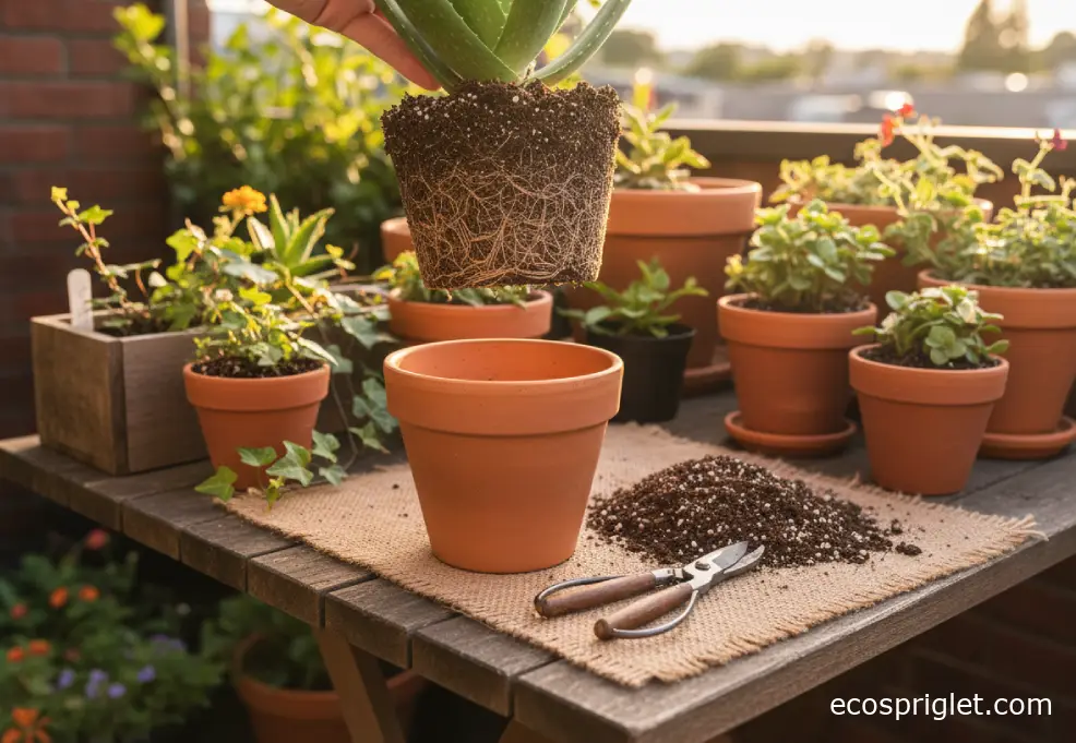 An aloe vera plant being gently lifted from a pot to show a compact rootball on a wooden terrace table with fresh gritty mix ready.