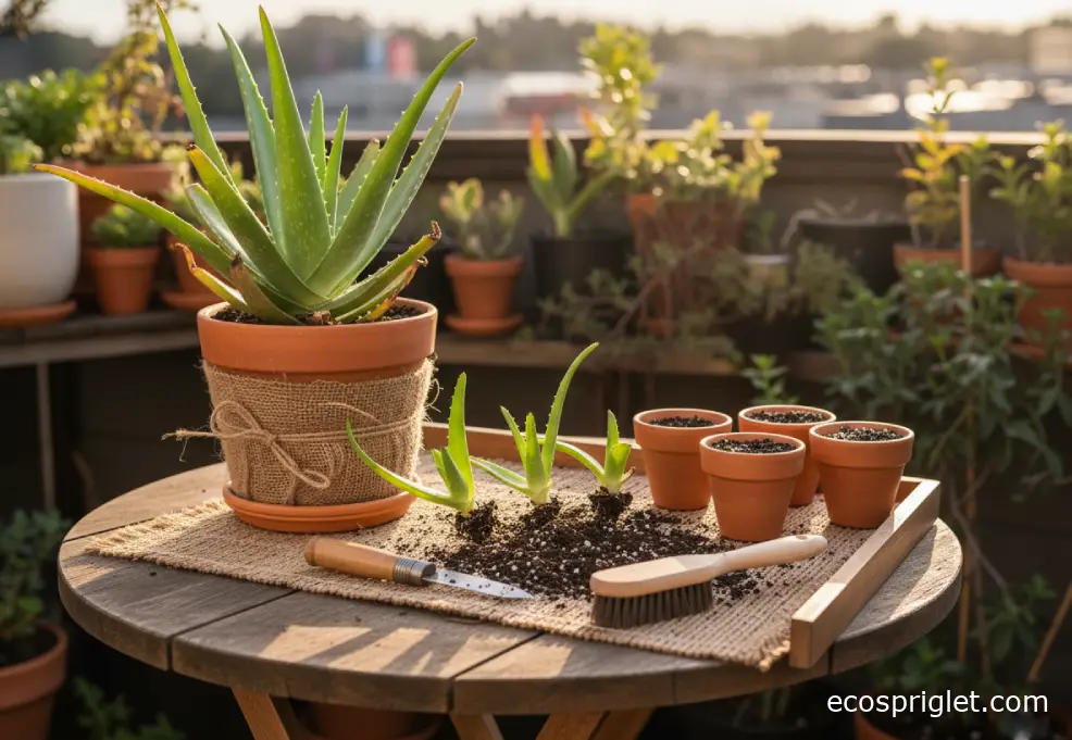 A mature aloe vera plant with several pups separated on a terrace table, each pup ready in a small terracotta pot with gritty mix.