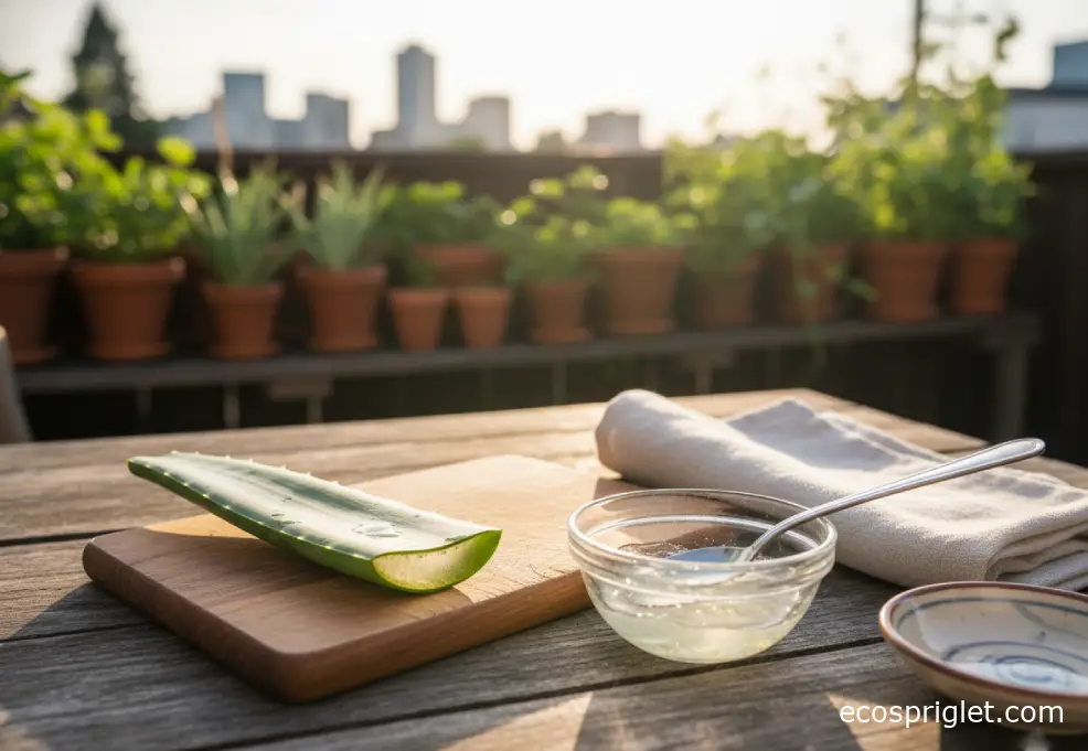 A freshly cut aloe leaf on a wooden board with a spoon and a small bowl of clear gel on a terrace table in warm light.