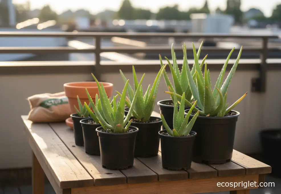 A small selection of healthy aloe vera plants in nursery pots arranged on a terrace table in warm golden-hour light.