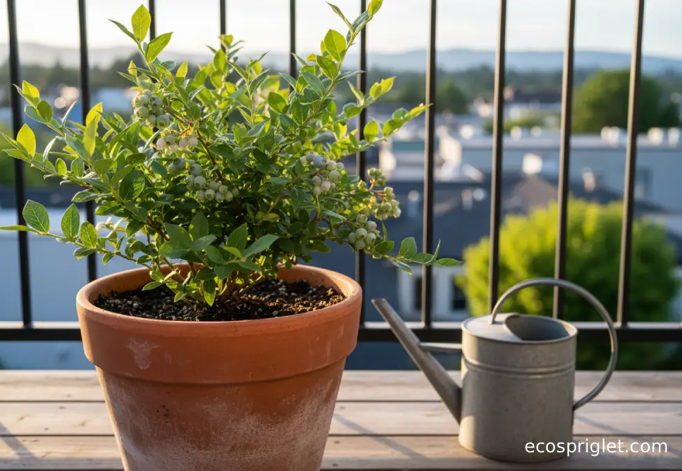 A healthy blueberry shrub grows in a terracotta pot on a small terrace with a watering can nearby.