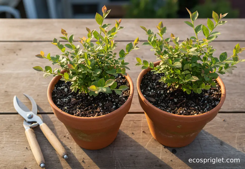 Two compact blueberry plants sit in separate terracotta pots on a wooden terrace table.
