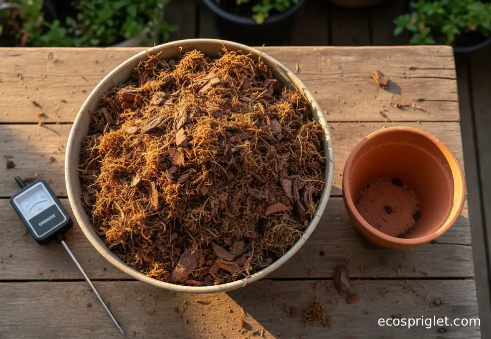 Sphagnum peat moss and shredded pine bark are mixed beside an empty terracotta pot on a terrace table.