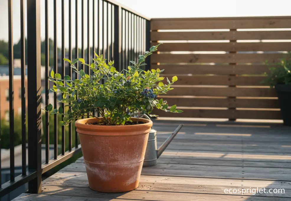 A blueberry plant in a terracotta pot sits in a sunny balcony spot near a railing with a simple windbreak behind it.