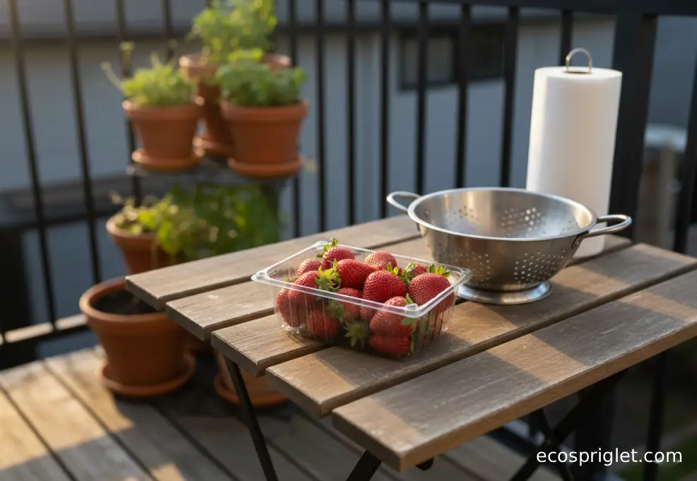 Unwashed strawberries in a clamshell next to an empty colander on a terrace table.