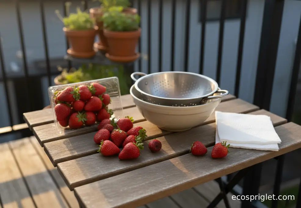 Strawberries sorted beside a colander-in-bowl setup with paper towels on a terrace table.
