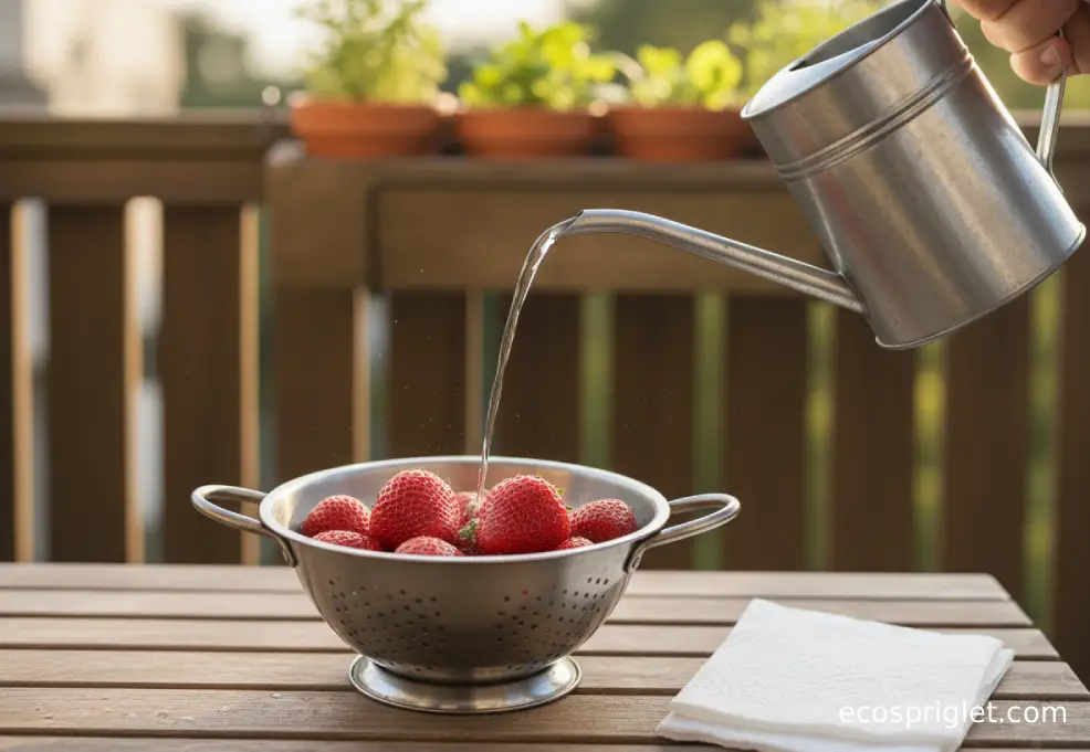 Strawberries in a colander being gently rinsed, with paper towels ready for drying.