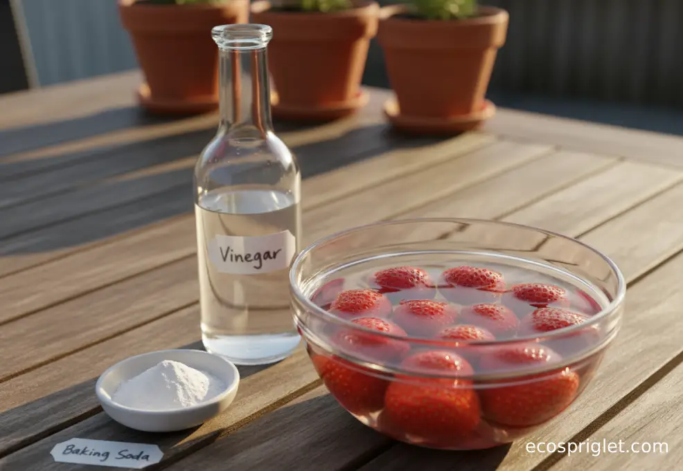 Strawberries soaking in a bowl with vinegar and baking soda placed nearby on a terrace table.