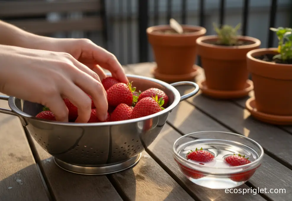 Strawberries in a colander being inspected, with a small dish of salt water nearby.