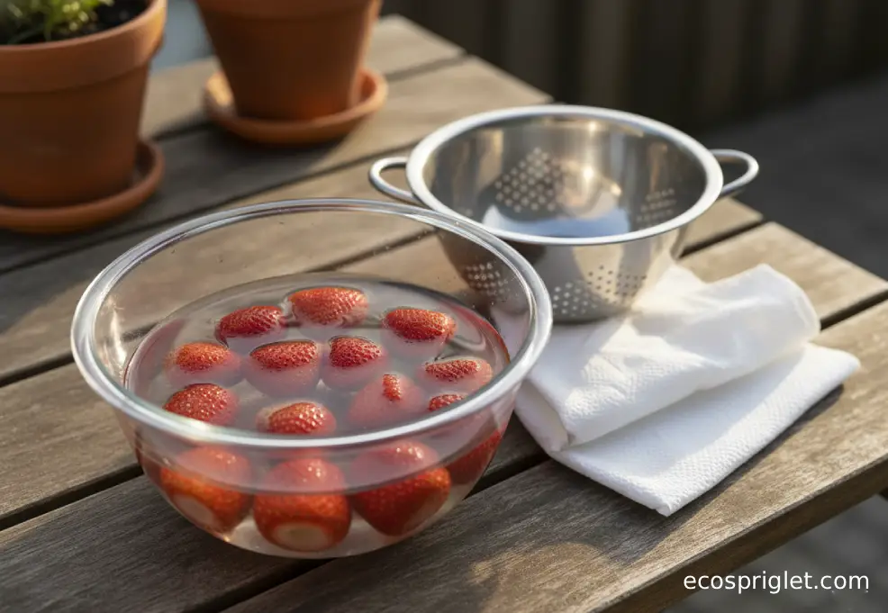 Strawberries sitting in standing water beside a colander and towel on a terrace table.