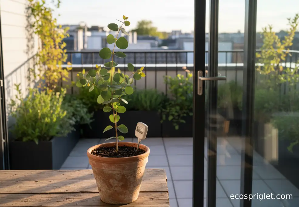 Small terracotta pot with a young eucalyptus plant set beside a bright apartment window, with rooftops visible beyond the balcony rail.