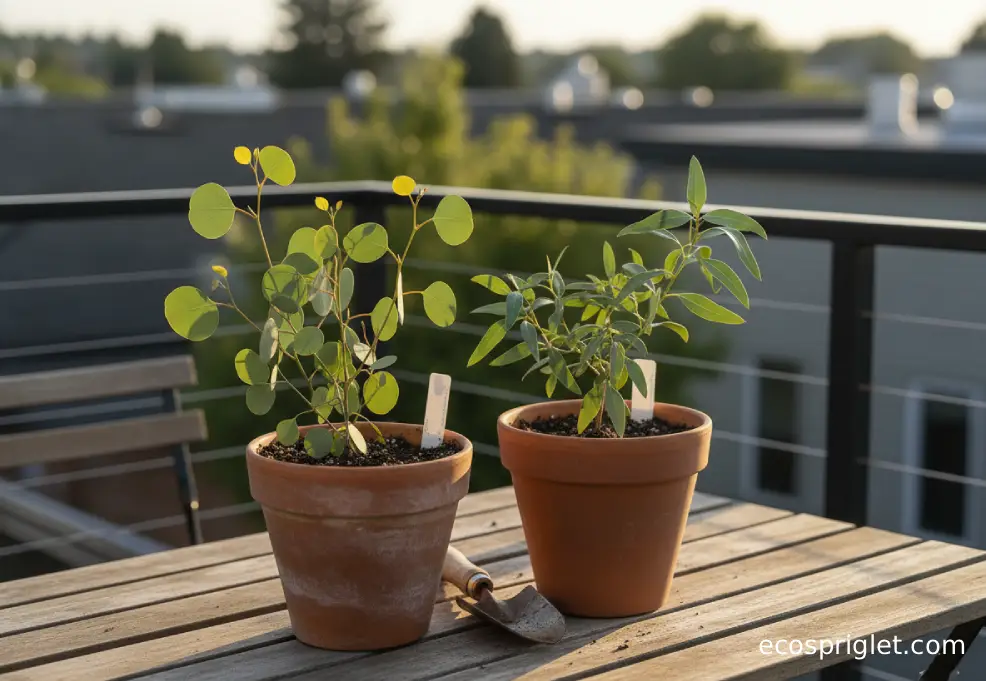 Two small eucalyptus plants in separate terracotta pots on a wooden terrace table, showing different leaf shapes and shades of green-gray.