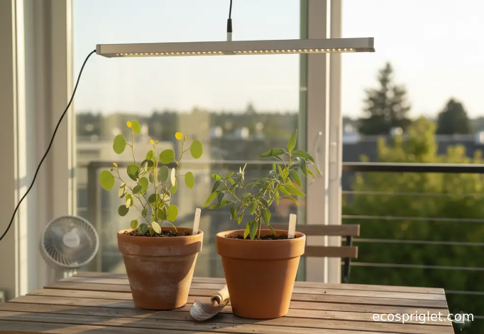 Young eucalyptus in a terracotta pot under a slim LED grow light near a sunny window, with a small fan on the table.