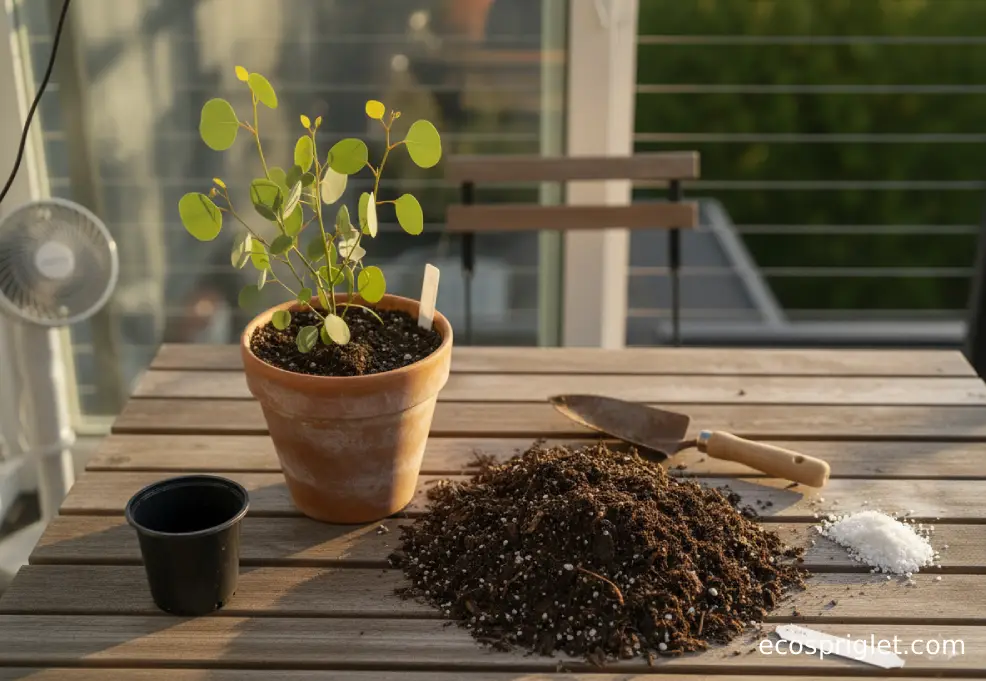 Top-down view of a eucalyptus being repotted into a larger terracotta pot with fresh potting mix and perlite on a wooden terrace table.