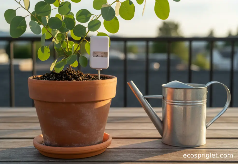 Moisture meter inserted into a terracotta eucalyptus pot with a metal watering can nearby on a sunlit terrace table.