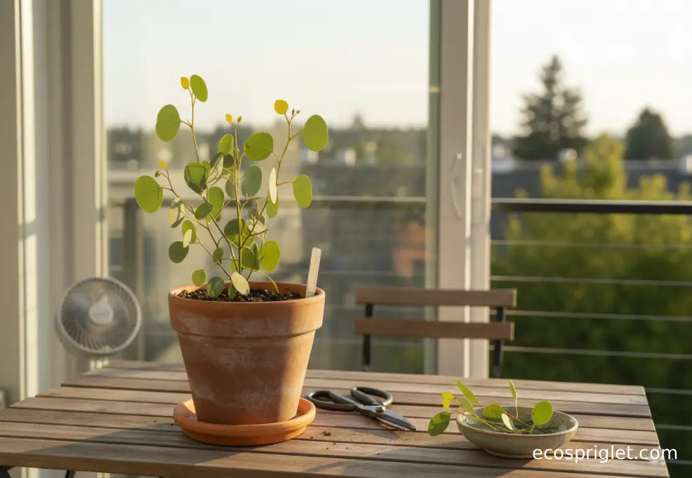 Freshly pruned eucalyptus stems in a terracotta pot with clean pruning shears resting on the table beside the plant.