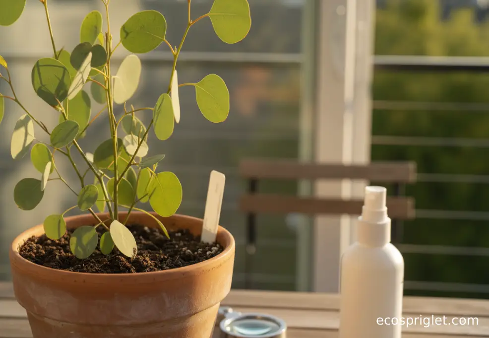 Eucalyptus leaves with slight browning on tips beside a small magnifying loupe and a spray bottle on a wooden terrace table.