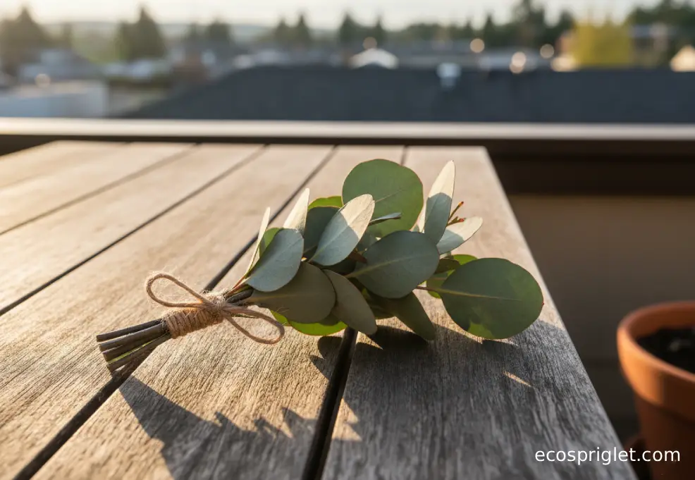 Fresh eucalyptus sprigs laid on a wooden table