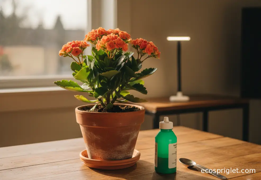 Flowering houseplant in a terracotta pot with a small bottle of diluted fertilizer on a table near a bright window.