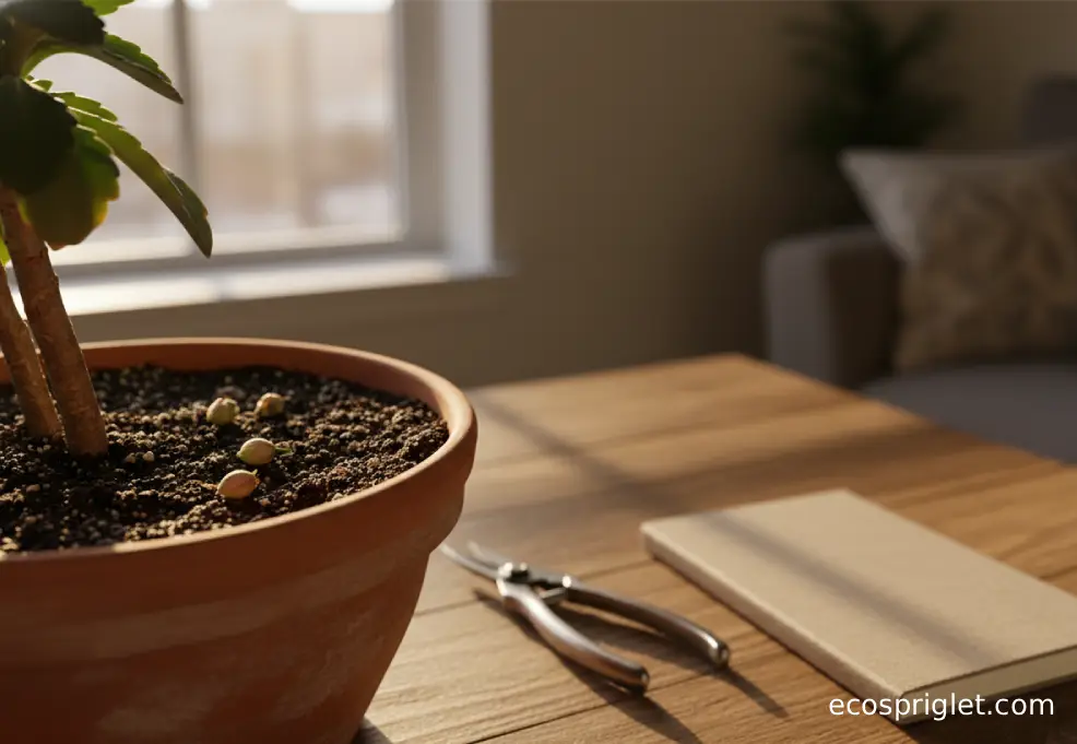 Dropped flower buds on potting mix in a terracotta pot beside pruning snips on a table near a window.
