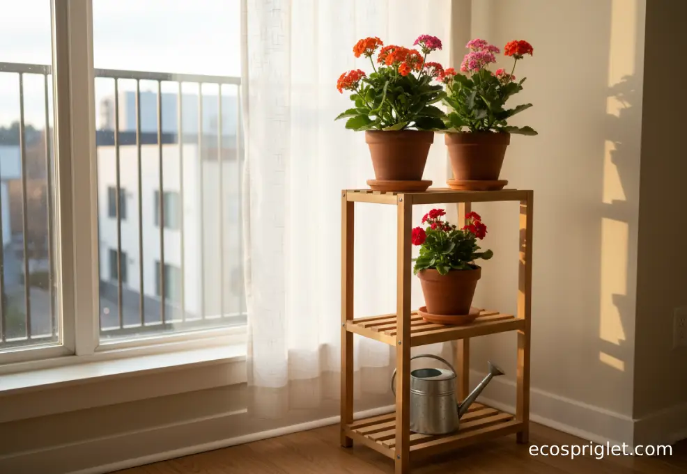 Narrow indoor plant stand with flowering houseplants in terracotta pots placed near a bright apartment window.
