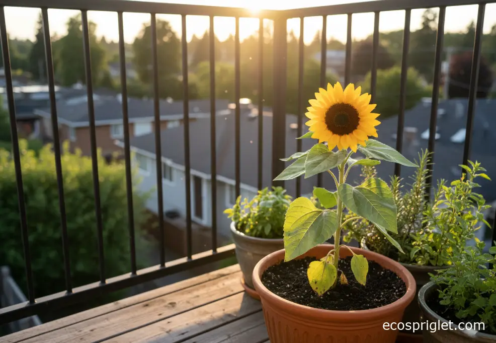Dwarf sunflower blooming in a terracotta pot on a small sunny balcony.