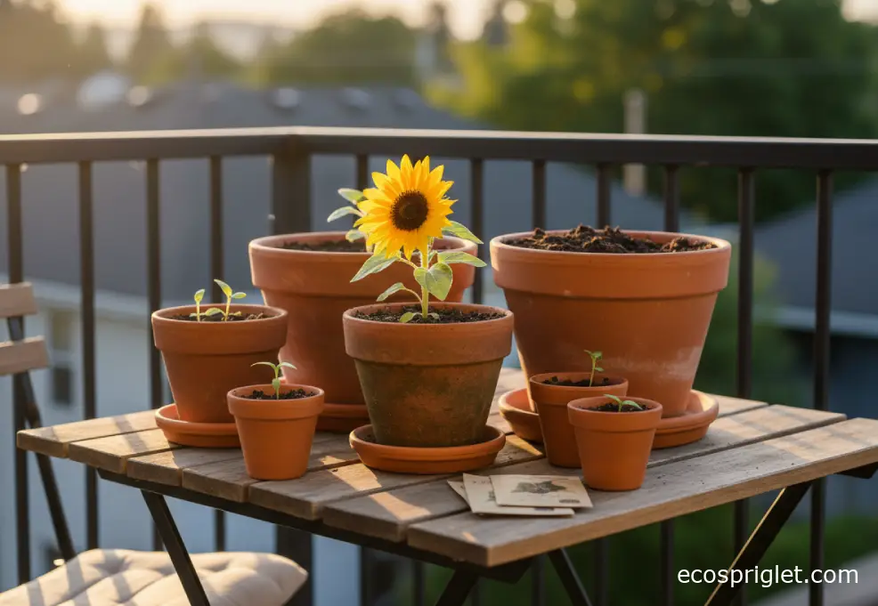 Sunflower seedlings and compact sunflower varieties in different terracotta pots.