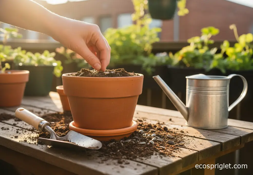 Sunflower seeds being sown into a terracotta container filled with fresh potting mix.