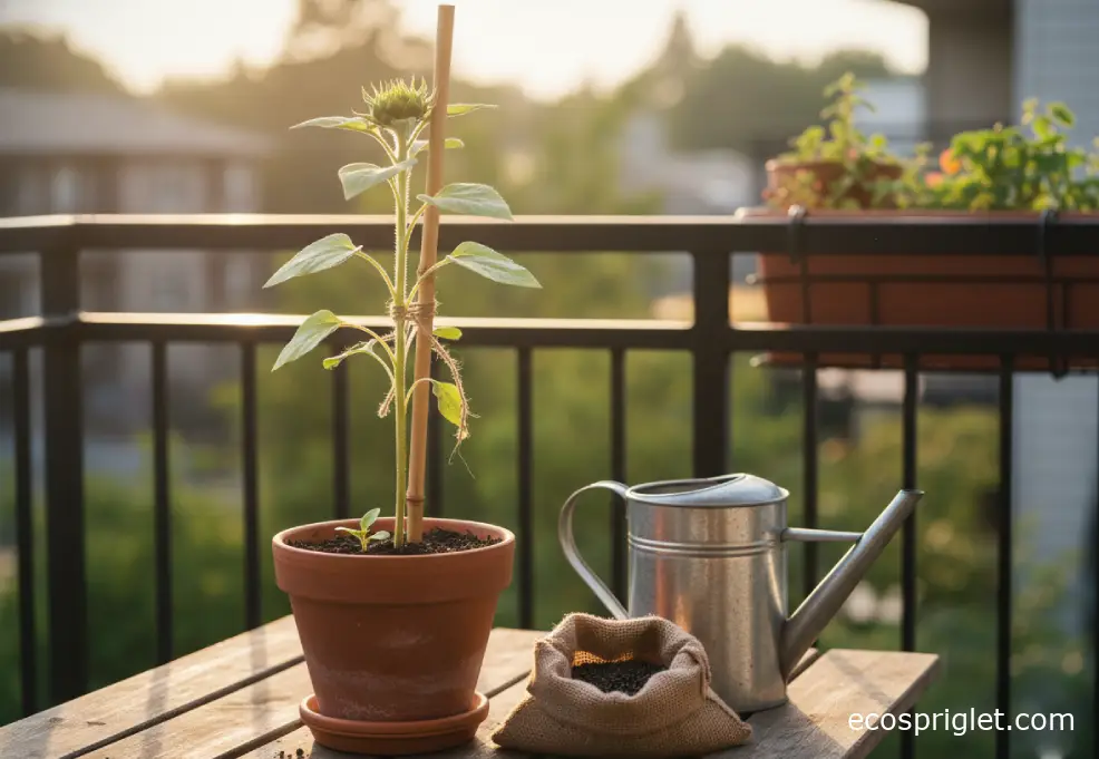 Potted sunflower supported by a bamboo cane beside a watering can on a sunny balcony.