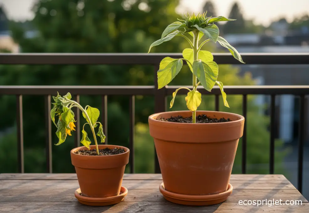 Drooping sunflower in a small pot next to a healthier sunflower in a larger container.