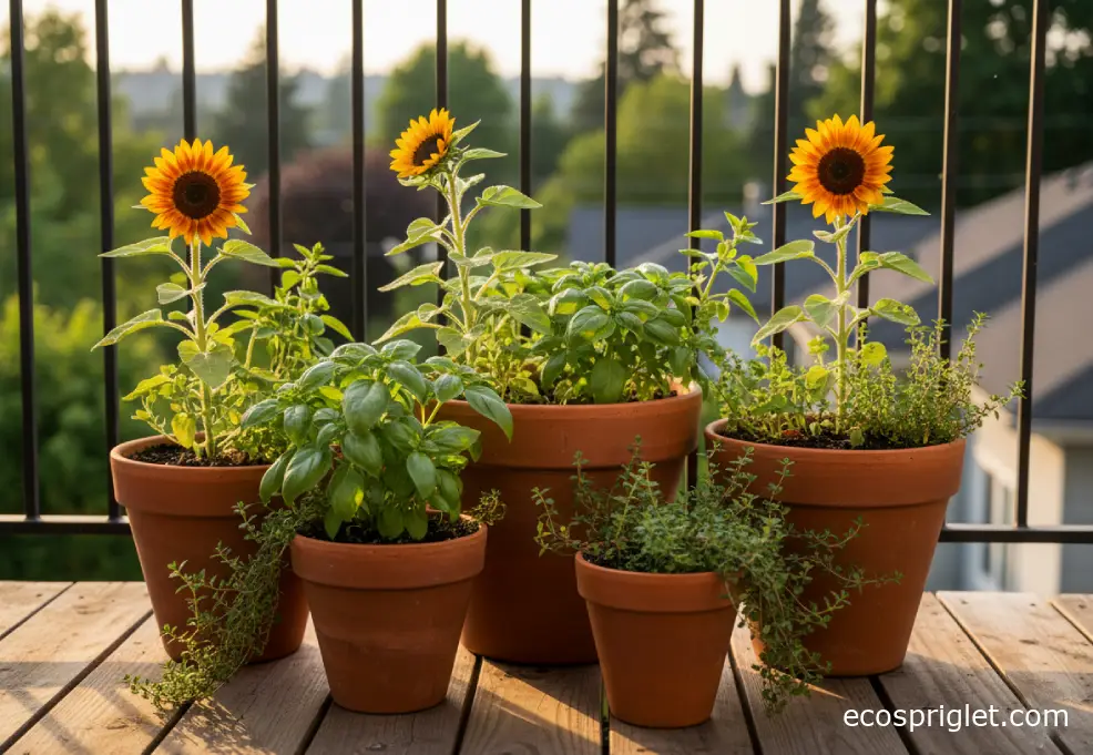 Compact sunflowers in terracotta pots mixed with herbs on a sunny balcony.