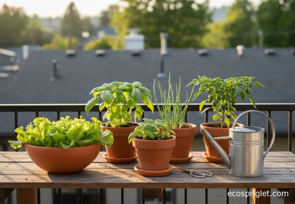 Terracotta pots of lettuce, basil, and dwarf peppers growing on a small Portland terrace table in warm evening light.