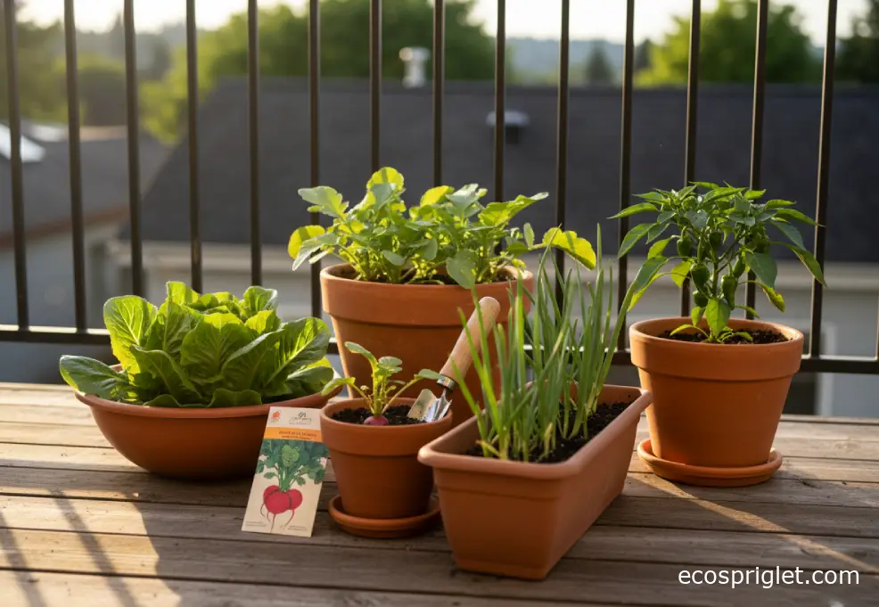 Small terracotta containers planted with salad greens, radishes, scallions, and compact peppers arranged beside a black railing.