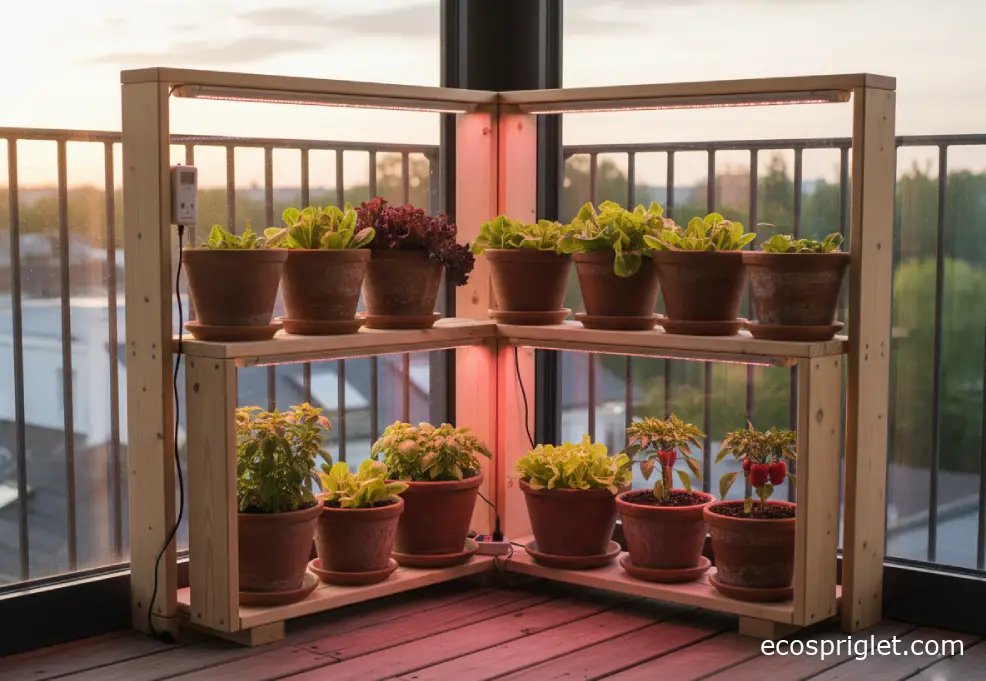 A compact indoor grow-light shelf with terracotta pots of lettuce and basil glowing beside a window at sunset.