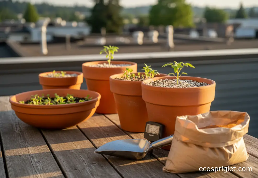 Terracotta pots of different depths filled with fresh soilless mix, perlite, and young vegetable seedlings on a wooden deck.